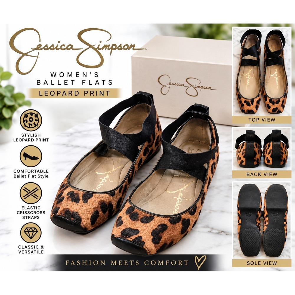 Jessica Simpson Leopard Calf Hair Ballet Flats Square Toe Crisscross Straps
